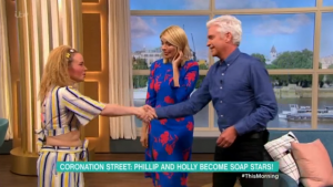 Holly and Phil greating Corrie's Gemma during cameo