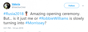 Tweets about Robbie Williams performing at World Cup (Credit: Twitter)