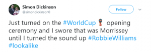 Tweets about Robbie Williams performing at World Cup (Credit: Twitter)