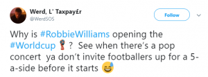 Tweets about Robbie Williams performing at World Cup (Credit: Twitter)
