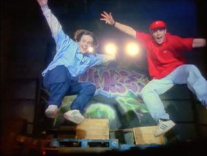 Pop music video double act PJ and Duncan jumping