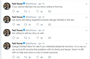 Fadi tweets about selling George's stuff