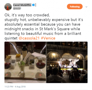 Carol McGiffin tweets pics from St Marks Square in Venice 