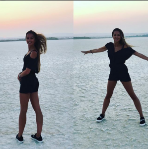 Peter Andre's wife Emily poses in shorts and cold-shoulder top on a Salt Lake in Cyprus 