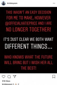 Kris Boyson announces he has split from Katie Price with an Instagram post 
