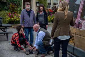 A drunk Charity runs over poor Monty (Credit: ITV)