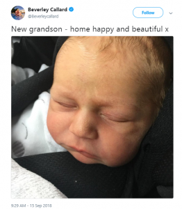 Beverley Callard shows of pictures of her newborn grandson on twitter 