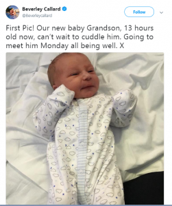 Beverley Callard shares the first picture of her new baby grandson on Twitter 