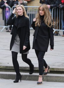Coronation Street actors Jane Danson (L) and Samia Ghadie arrive for the funeral of Coronation Street 