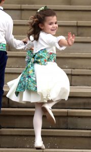 Theodora Williams waves as she arrives ahead of the wedding of Princess Eugenie of York and Mr. Jack Brooksbank at St. George's Chapel on October 12, 2018 in Windsor, England. (Photo by Steve Parsons - WPA Pool/Getty Images)