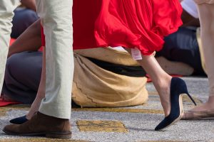 Prince Harry, Duke of Sussex and Meghan, Duchess of Sussex, shoe detail, as they arrive at Fua'amotu Airport