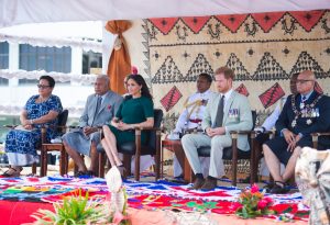 Prince Harry, the Duke of Sussex and Meghan, the Duchess of Sussex attend an official welcome ceremony at Nadi Airport in Fiji