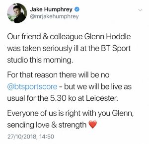 Jake Humphrey confirms on Twitter that Glenn Hoddle was taken ill 