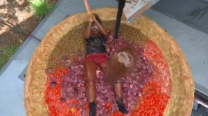 Fleur on the giant pizza