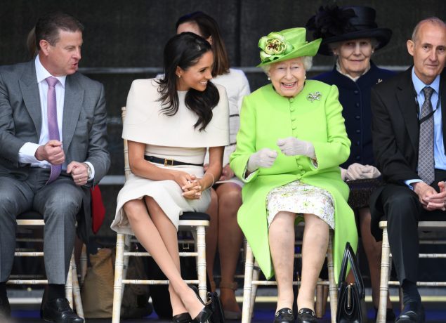 Queen Elizabeth II laughs with Meghan, Duchess of Sussex during a ceremony to open the new Mersey Gateway Bridge on June 14, 2018 in the town of Widnes in Halton, Cheshire, England. Meghan Markle married Prince Harry last month to become The Duchess of Sussex and this is her first engagement with the Queen. During the visit the pair will open a road bridge in Widnes and visit The Storyhouse and Town Hall in Chester. (Queen Elizabeth II laughs with Meghan, Duchess of Sussex during a ceremony to open the new Mersey Gateway Bridge on June 14, 2018 in the town of Widnes in Halton, Cheshire, England. Meghan Markle married Prince Harry last month to become The Duchess of Sussex and this is her first engagement with the Queen. During the visit the pair will open a road bridge in Widnes and visit The Storyhouse and Town Hall in Chester. (Photo by Jeff J Mitchell/Getty Images)