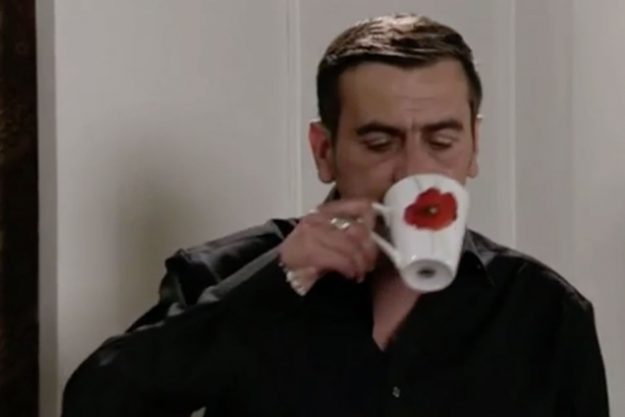 Peter Barlow drinks a cup of tea