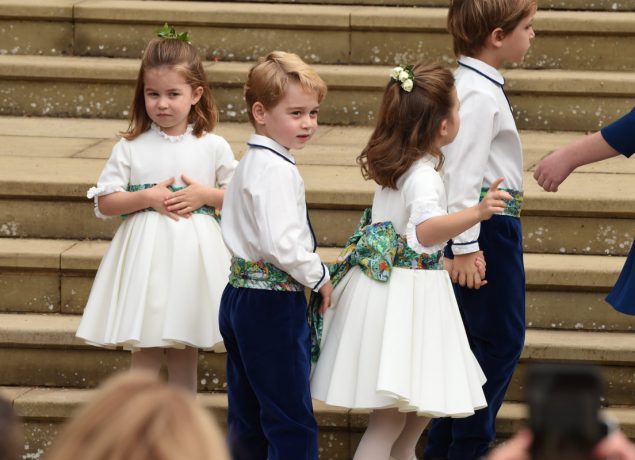 The bridesmaids and page boys including Prince George of Cambridge and Princess Charlotte of Cambridge arrive with Lady Louise Mountbatten-Windsor, for the wedding of Princess Eugenie to Jack Brooksbank at St George's Chapel in Windsor Castle on October 12, 2018 in Windsor, England. (Photo by Jeremy Selwyn - WPA Pool/Getty Images)