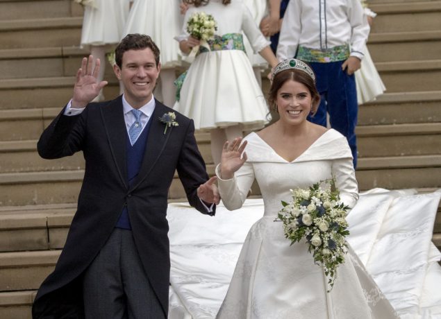 Princess Eugenie and Jack Brooksbank leave St George's Chapel in Windsor Castle following their wedding on October 12, 2018 in Windsor, England. (Photo by Steve Parsons - WPA Pool/Getty Images)