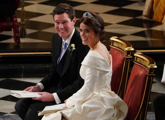 Jack Brooksbank and Princess Eugenie of York during their wedding ceremony at St. George's Chapel