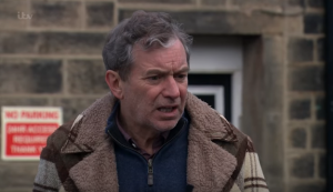 Ashley looking confused on Emmerdale