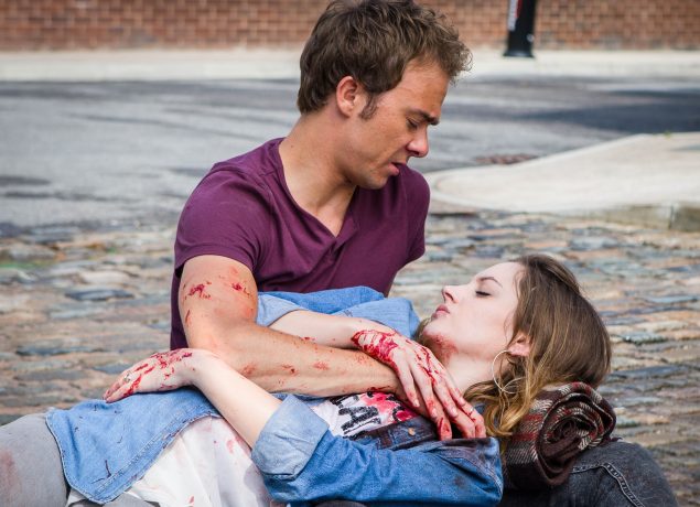 Editorial use only Mandatory Credit: Photo by ITV/REX/Shutterstock (5736696de) Kylie Platt, played by Paula Lane last dramatic moments as she dies in the arms of her husband, David Platt, played by Jack P. Shepherd on the Coronation Street cobbles. 'Coronation Street' TV show - Jun 2016
