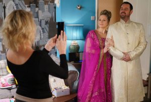 Mick and Linda posed for a photo in their wedding outfits (Credit: BBC)