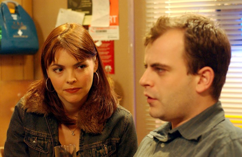 Editorial use only. Exclusive - Premium Rates Apply. Call your Account Manager for pricing. Mandatory Credit: Photo by ITV/REX/Shutterstock (699825dn) 'Coronation Street' TV - 2003 - Steve McDonald (Simon Gregson) gets the shock of his life when Tracy Barlow (Kate Ford) tells him that he is the father of her baby. ITV ARCHIVE