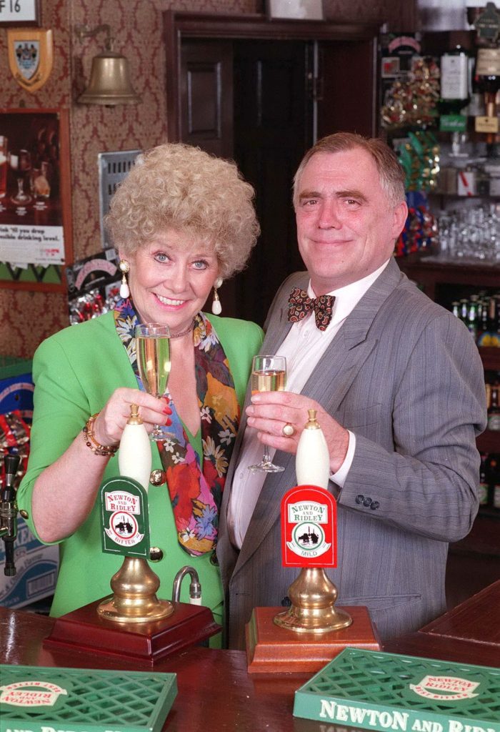 Editorial use only. Exclusive - Premium Rates Apply. Call your Account Manager for pricing. Mandatory Credit: Photo by ITV/REX/Shutterstock (669631qd) 'Coronation Street' TV - Vera Duckworth [Liz Dawn] Jack Duckworth [Bill Tarmey] behind the bar at the Rovers ITV ARCHIVE