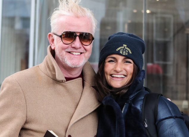 Chris Evans leaves the News Building with his wife, Natasha Shishmanian and their twins, after his first breakfast show on Virgin radio