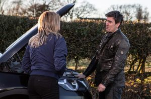 Kim and Cain met for the first time in Emmerdale history (Credit: ITV)