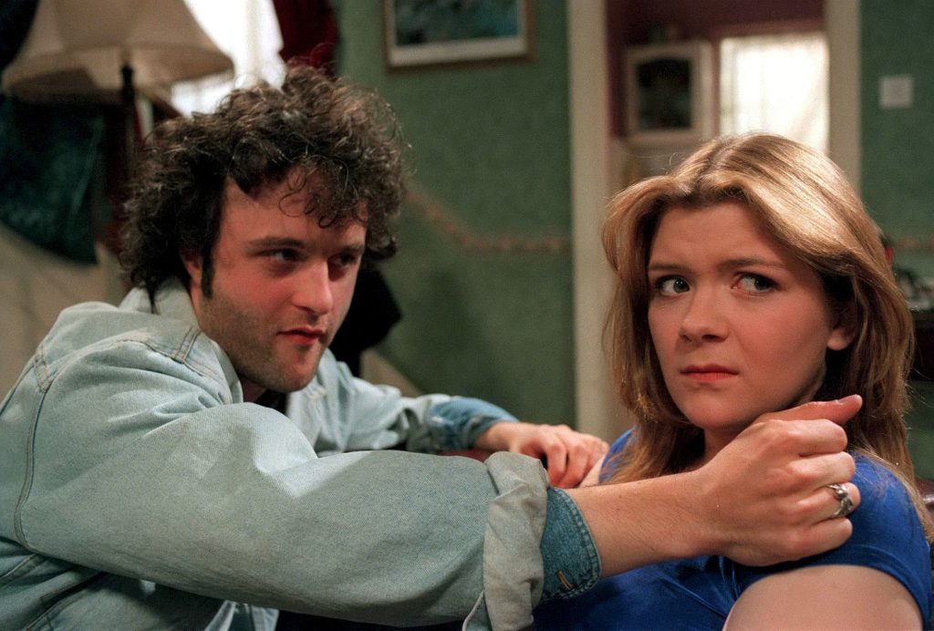 Editorial use only. Exclusive - Premium Rates Apply. Call your Account Manager for pricing. Mandatory Credit: Photo by ITV/REX/Shutterstock (669637rs) 'Coronation Street' TV - 1998 - Darren Whateley (Andy Robb) pays a visit to Leanne Tilsley (Jane Danson). ITV ARCHIVE