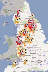 Map of Britain with flood warnings