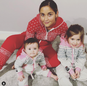 Former EastEnders star Jacqueline with kids Ella and Mia in onesies