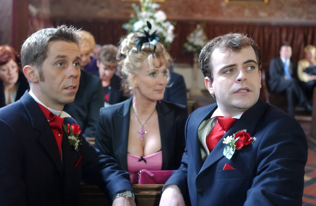 Editorial use only. Exclusive - Premium Rates Apply. Call your Account Manager for pricing. Mandatory Credit: Photo by ITV/REX/Shutterstock (709206nt) 'Coronation Street' TV - 2004 - (left to right) Andy McDonald (NICK COCHRANE), Liz McDonald (BEVERLEY CALLARD) and Steve McDonald (SIMOND GREGSON), ITV ARCHIVE