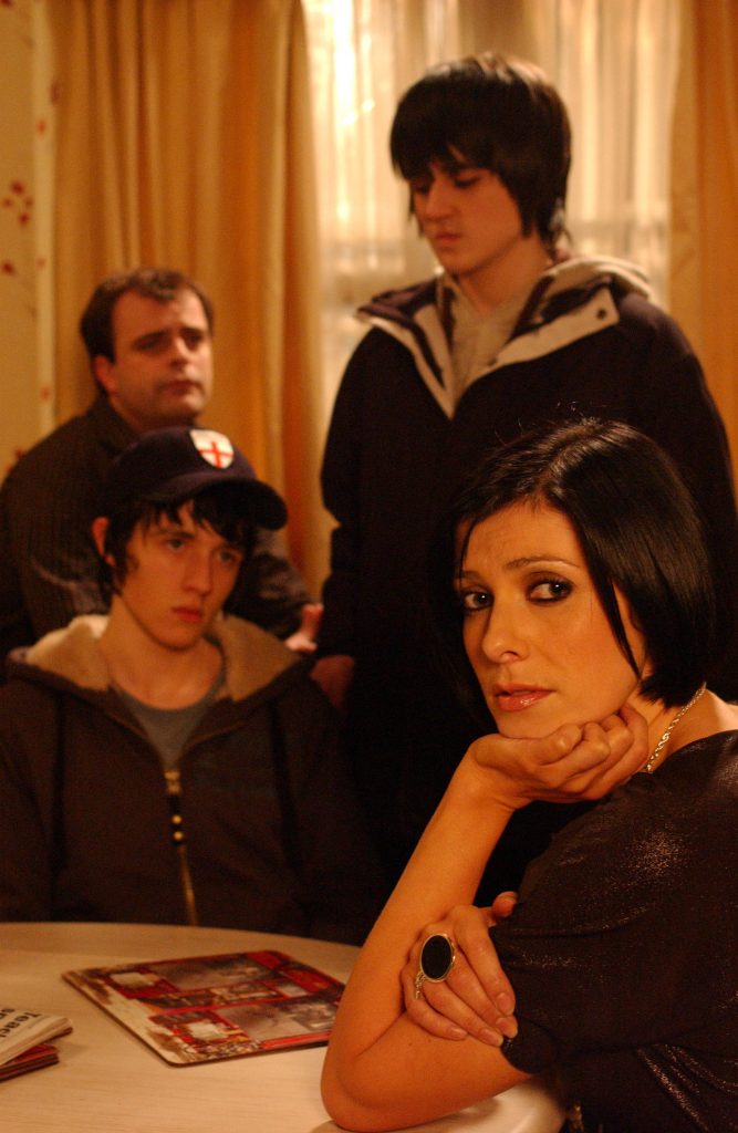 Editorial use only. Exclusive - Premium Rates Apply. Call your Account Manager for pricing. Mandatory Credit: Photo by ITV/REX/Shutterstock (871624hg) 'Coronation Street' TV - 2008 - Michelle Connor [Kym Ryder] is shocked when Alex Neeson [Dario Coates] turns up with a police officer having told her that Michelle is his mum and that he lives at The Rovers. Steve McDonald [Simon Gregson] and Ryan Connor [Ben Thompson] are amazed when Michelle agrees to let him stay for a while ITV ARCHIVE