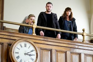 Editorial use only Mandatory Credit: Photo by ITV/REX/Shutterstock (8965273ce) Ep 7451 Wednesday 16 March 2016 Robert Sugden, as played by Ryan Hawley, turns up at court and Aaron Livesy, as played Danny Miller, is unable to hide his happiness, though his face falls when he sees Gordon, as played by Gary Mavers, behaving like he's seriously ill for the court's benefit. Gordon strikes a pitiful figure and pretends to collapse. Aaron can't believe it but will his father's scheming help Gordon's case? 'Emmerdale' TV Series - Mar 2016