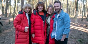 Gail Rodwell Lorraine Kelly Sarah Barlow and David Platt smile on location for Coronation Street