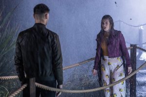 STRICTLY EMBARGOED UNTIL 19:30 TUESDAY 23RD OCTOBER Lily and Romeo argue in the storm, Lily falls in the water