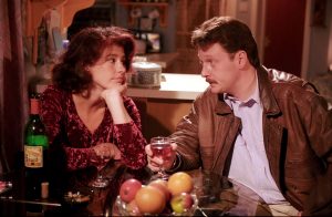 Editorial use only. Exclusive - Premium Rates Apply. Call your Account Manager for pricing. Mandatory Credit: Photo by ITV/Shutterstock (669486pg) Coronation Street: TV - 1993 Jim McDonald tells Denise Osbourne [Denise Black] that he isn't sure he wants to divorce Liz. ITV ARCHIVE