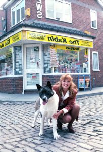 Editorial use only. Exclusive - Premium Rates Apply. Call your Account Manager for pricing. Mandatory Credit: Photo by ITV/Shutterstock (669637y) 'Coronation Street' TV - 1993 - Jenny Bradley [Sally Ann Matthews] returns to the Street with a Japanese Akita. Dog. ITV ARCHIVE