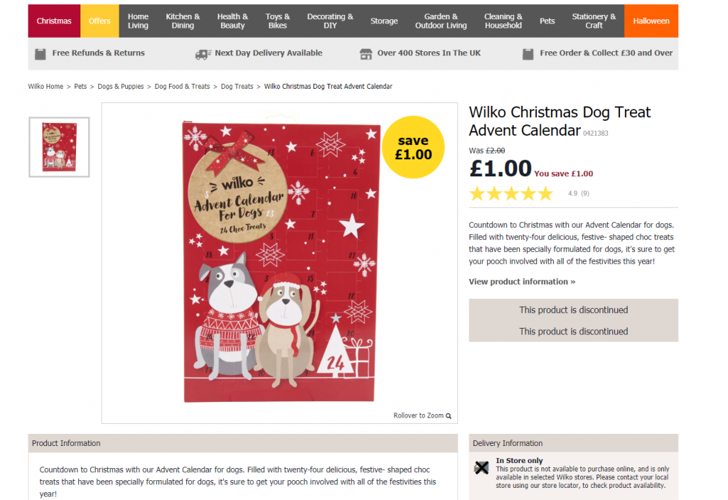 Wilko is selling a Christmas advent calendar for dogs with treats for