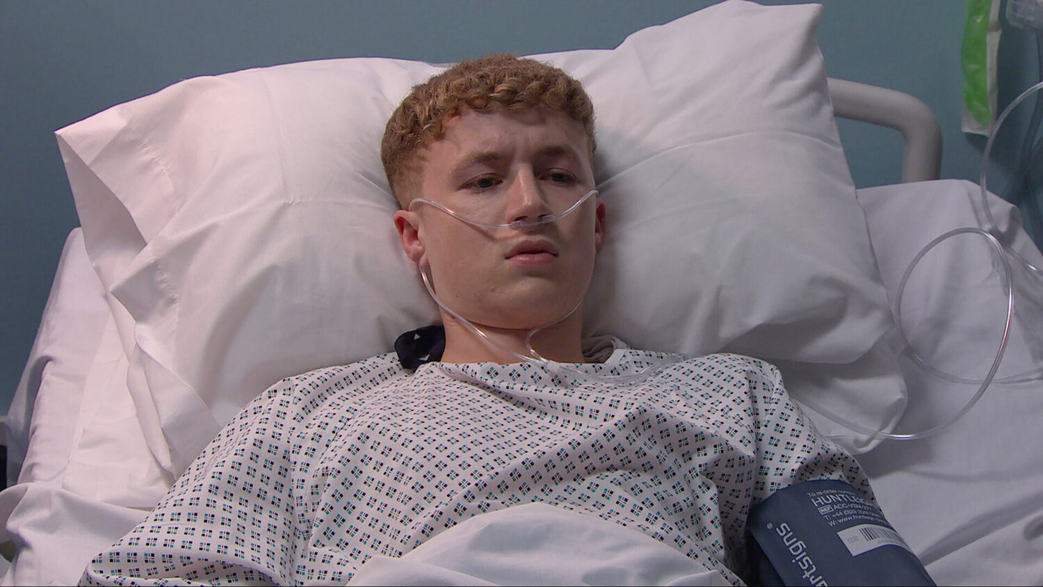Emmerdale's Noah in a hospital bed