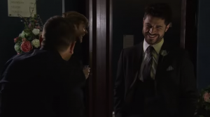 The cast appear to have a good laugh on set Coronation Street