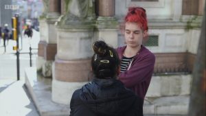 Paige discusses with a friend how to survive on the Brighton streets in the first episode of Love and Drugs on the Streets (Credit: BBC)