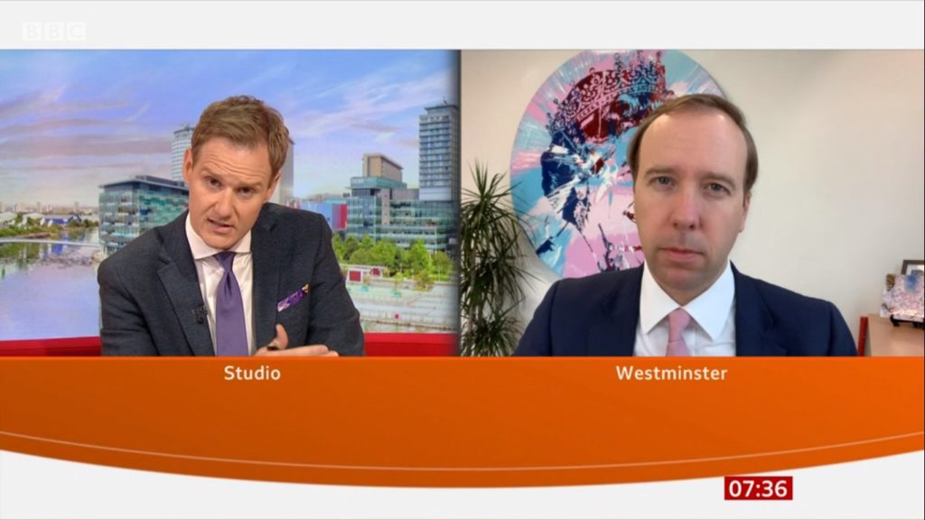 Dan Walker grilled Matt Hancock about government policy on coronavirus (Credit: BBC)