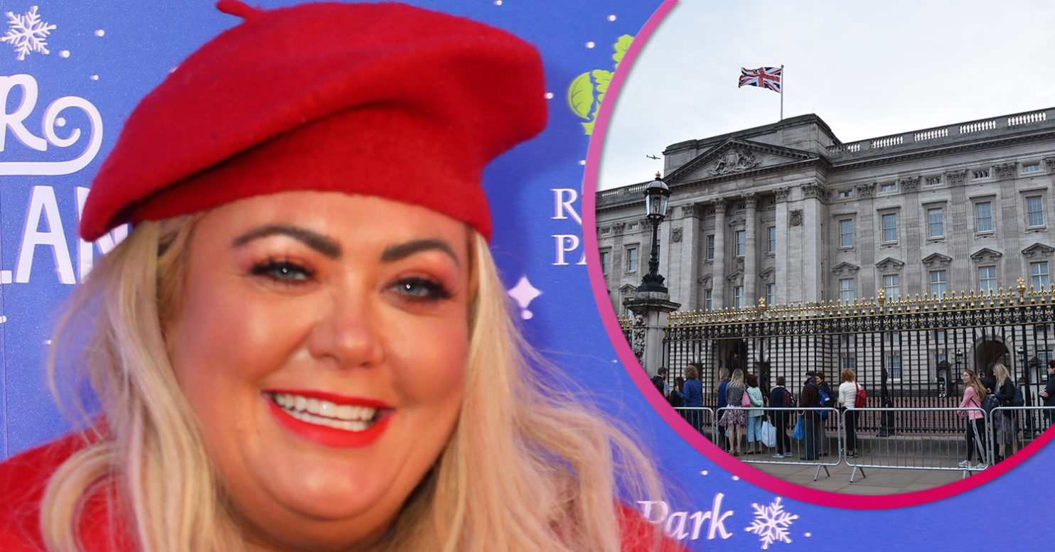 Gemma Collins poses outside Buckingham Palace as she enjoys bike ride