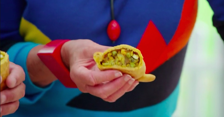 Prue Leith tasting a pasty on Great British Bake Off