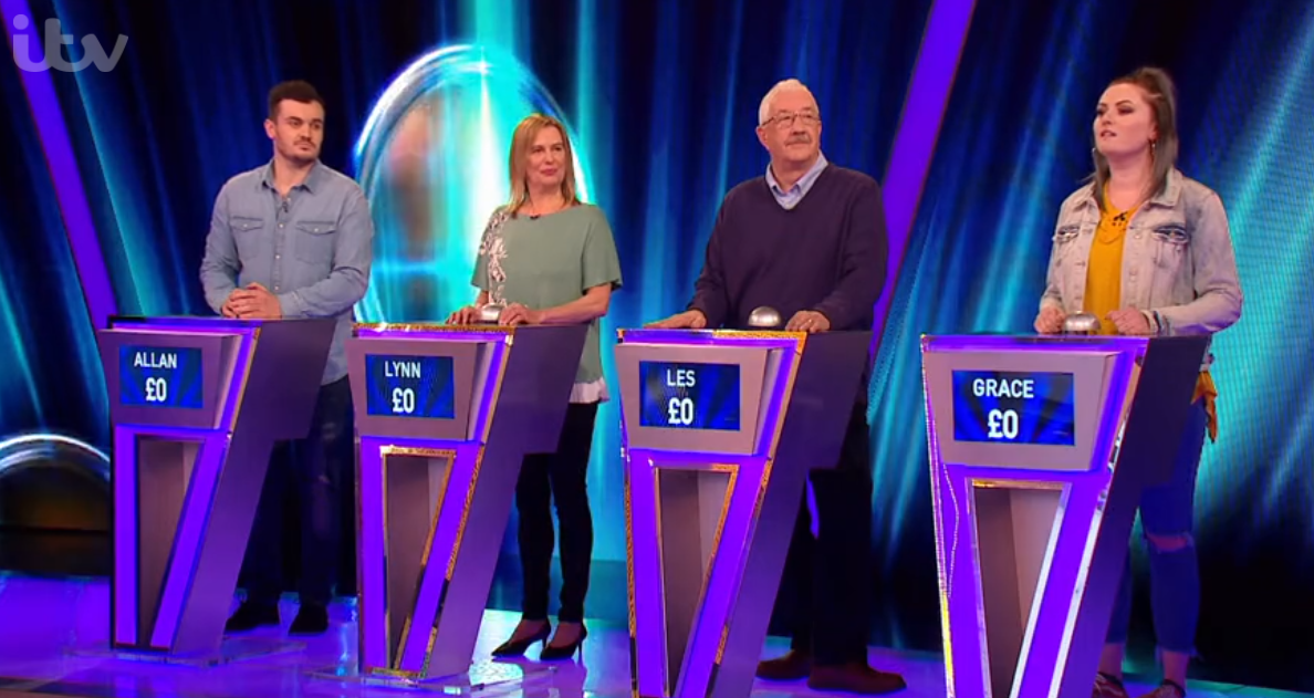 Allan and the three other contestants playing Tipping Point