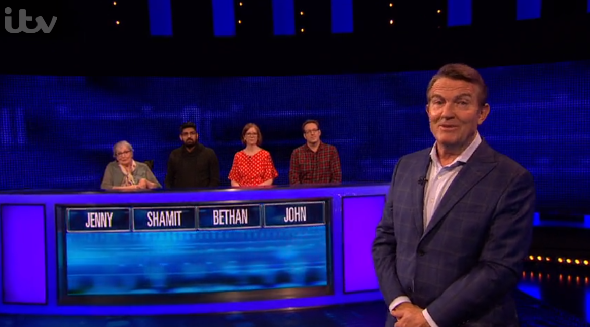 Jenny and the three other contestants on The Chase with host Bradley Walsh