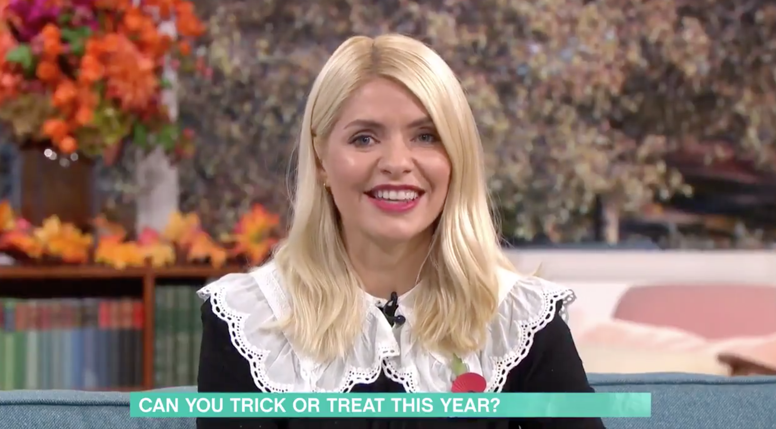 Holly Willoughby presents This Morning in black and white dress